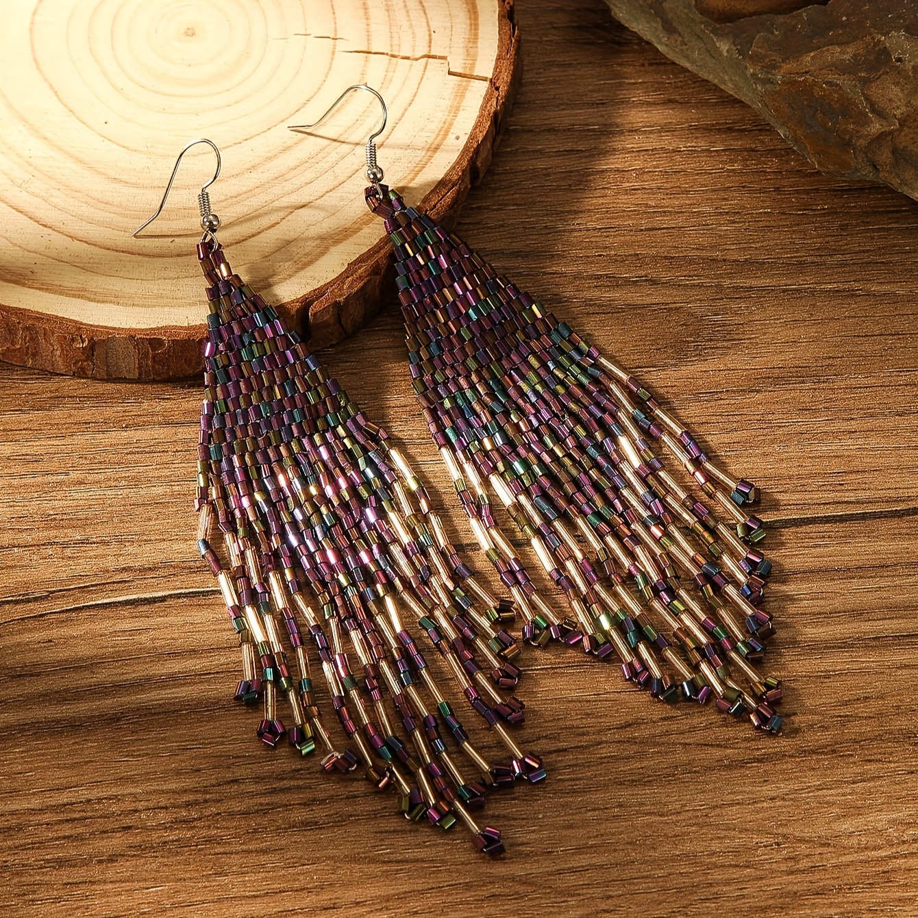 Women's Colorful Purple Tassel Beaded Earrings, Bohemian Style